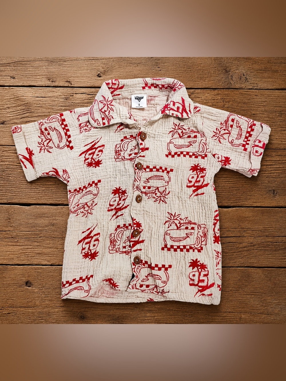 Disney Pixar Cars Lightning McQueen Toddler Gauze Button-Up Shirt 5 Red Cream